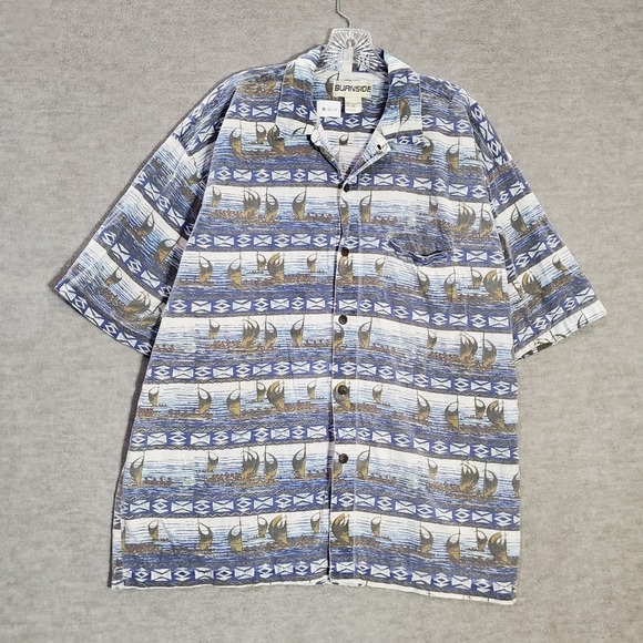 Burnside Men Button Up Shirt XL Blue Aztec Sail Boats Short Sleeve Collar - Picture 1 of 9